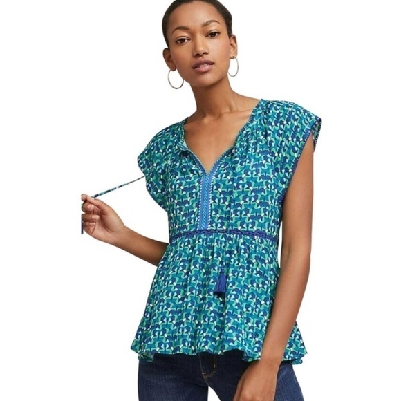 Anthropologie Tops - Anthropologie Blue Treme Tassel Tie Front Blouse NWT Size SP